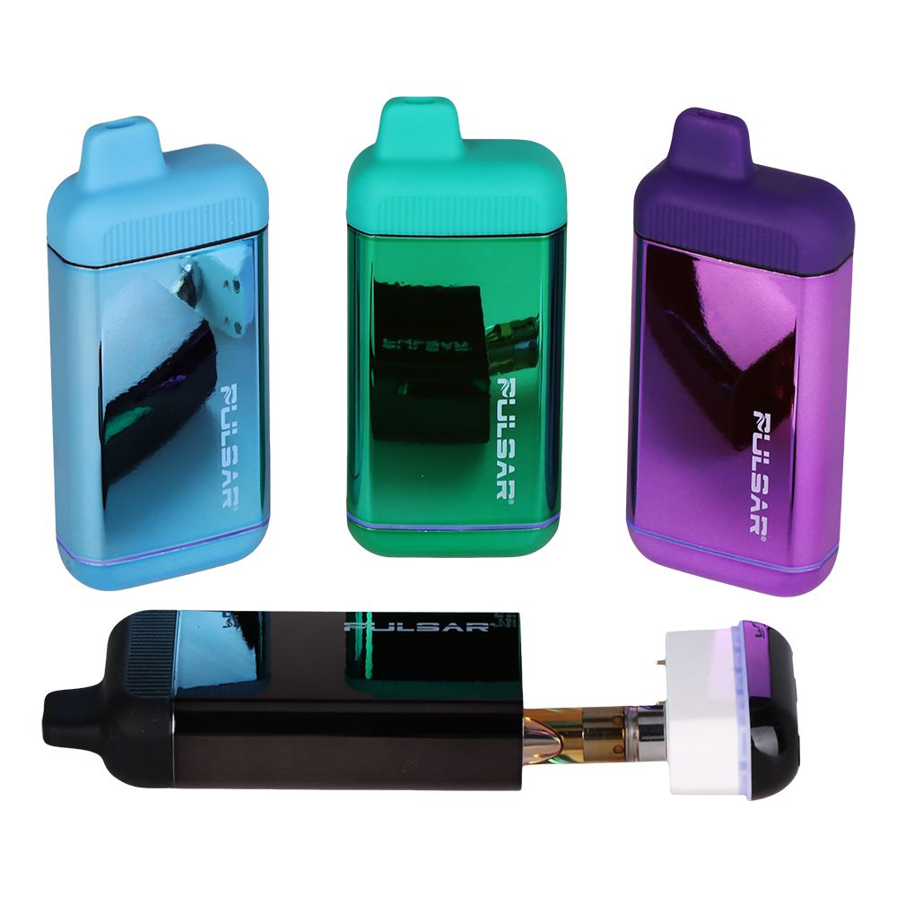Pulsar 510 Jetpack 2.0 collection showing all color options with the Deep Space model laid down and open, revealing how a 510-thread cartridge fits securely inside the hidden chamber.