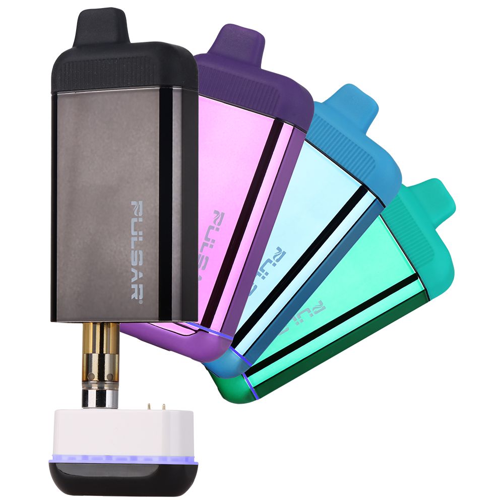 Full color lineup of the Pulsar 510 Jetpack 2.0 with the Deep Space unit open, showcasing the internal 510-thread connection and a glass cartridge for an incognito "vape bar" look.