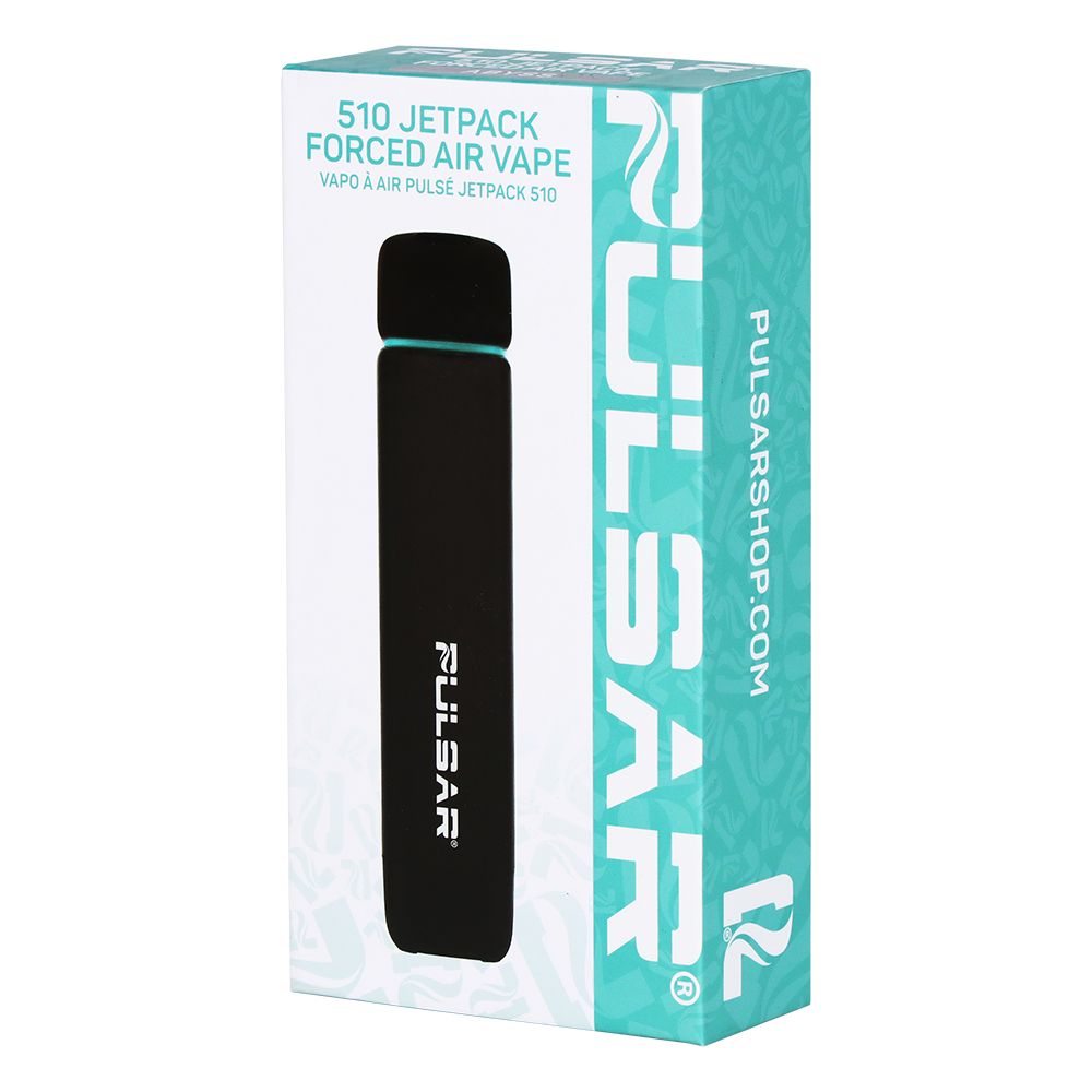 The front of the Pulsar 510 Jetpack retail packaging in Abyss (Solid Black), highlighting key features like "Variable Voltage" and "Forced Airflow."