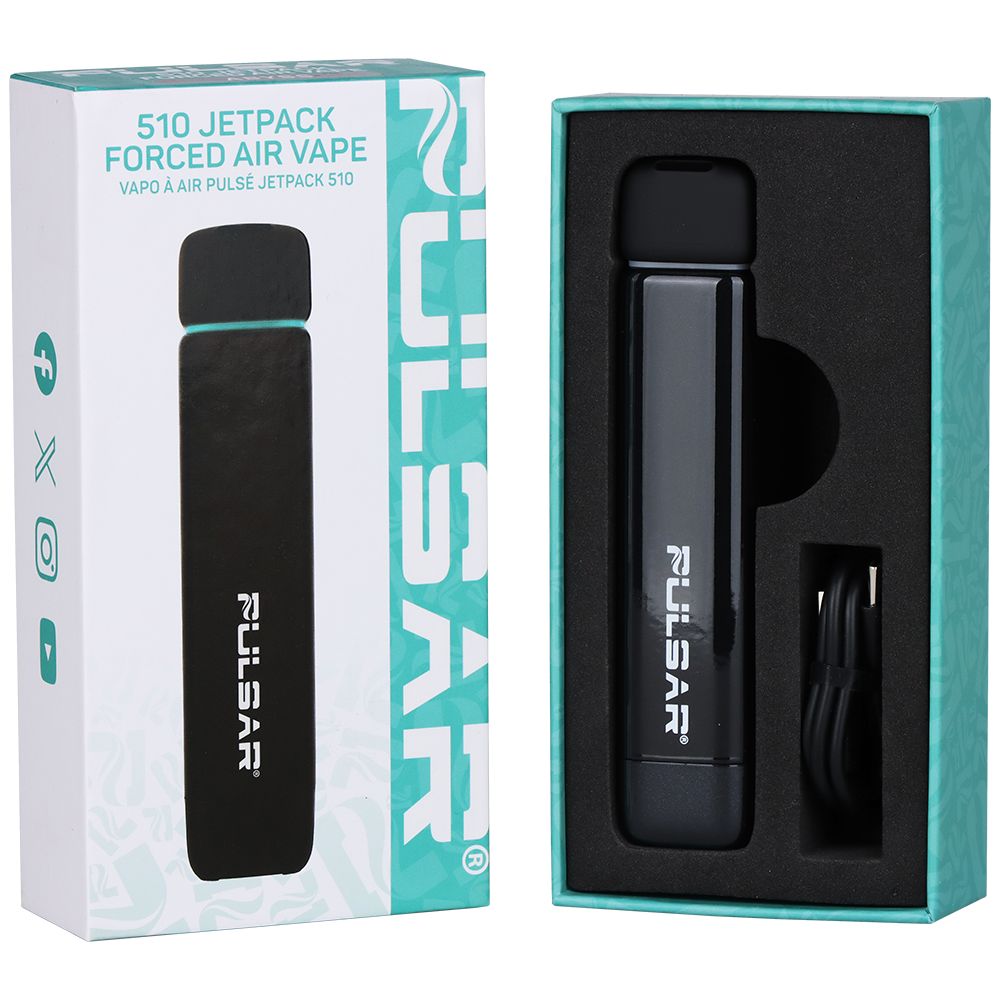 An open retail box for the Pulsar 510 Jetpack in Abyss, displaying the device, the magnetic base, and the included USB-C charging cable for a complete kit overview.