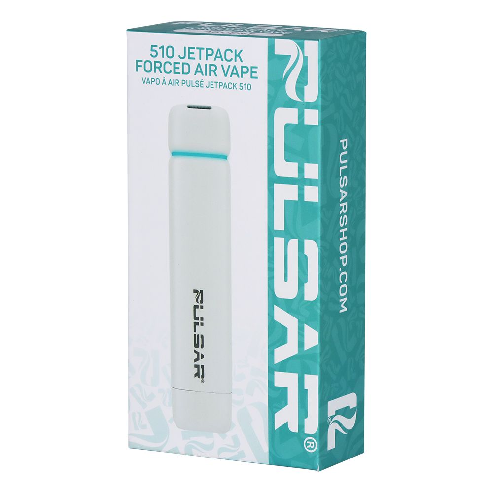 The front of the Pulsar 510 Jetpack retail box in Ascent (Solid White), illustrating the clean minimalist design and the 500mAh battery specification.
