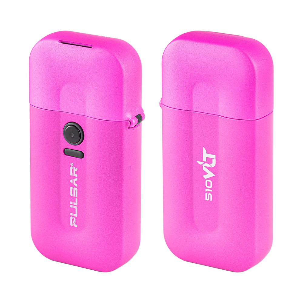 A dual-view studio layout showing the front and back profiles of the Pulsar 510 VLT in Neon Sign Pink with the top lids closed. The device displays a vibrant, high-visibility hot pink anodized finish over its metallic, pocket-friendly rectangular chassis, centered by a single black power button.