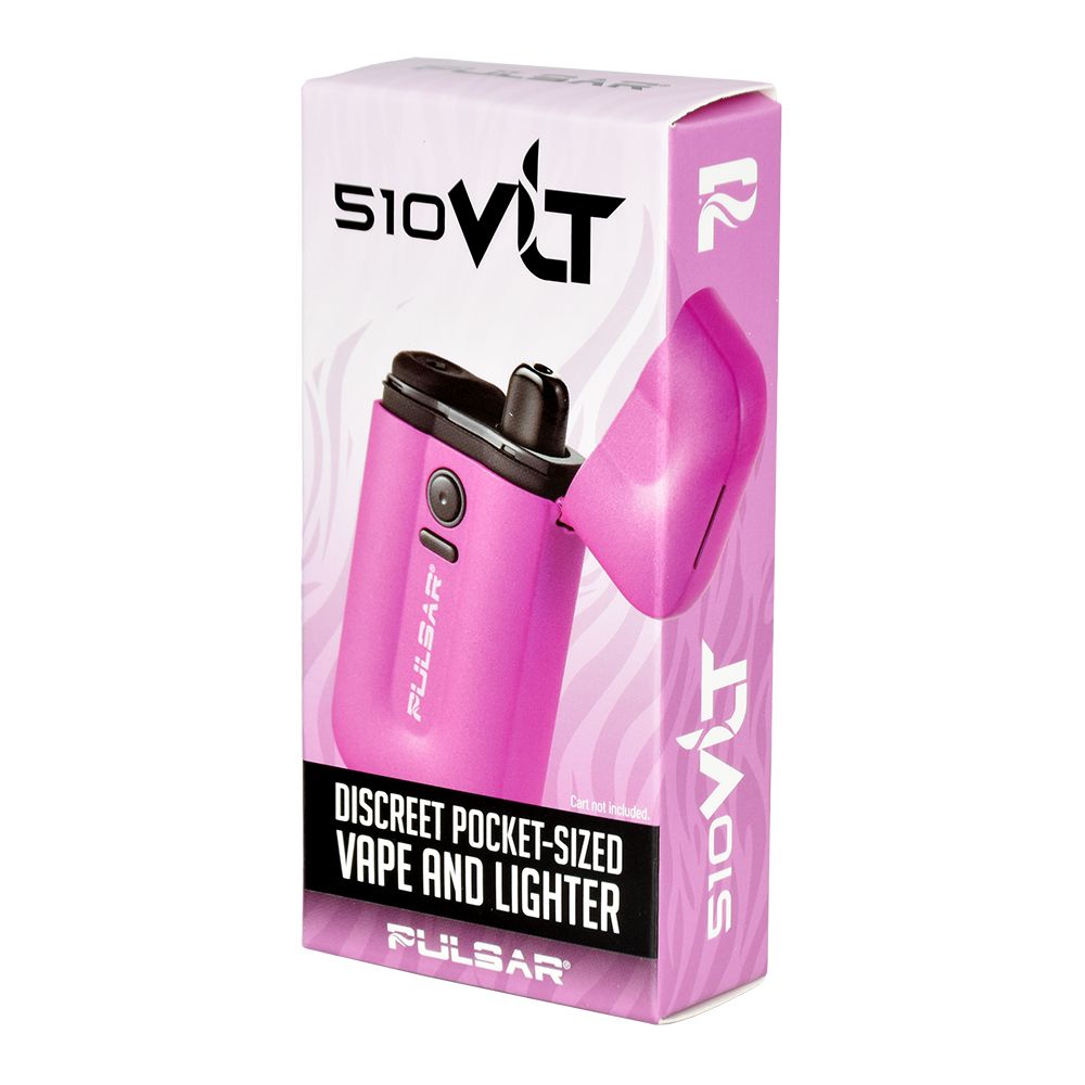 A clean, front-facing studio product shot of the official Pulsar 510 VLT retail packaging for the Neon Sign Pink edition. The box displays crisp graphics showcasing the hot pink device design along with clear technical labels for the 650mAh capacity, 510 concealed cartridge chamber, and electronic plasma lighter.