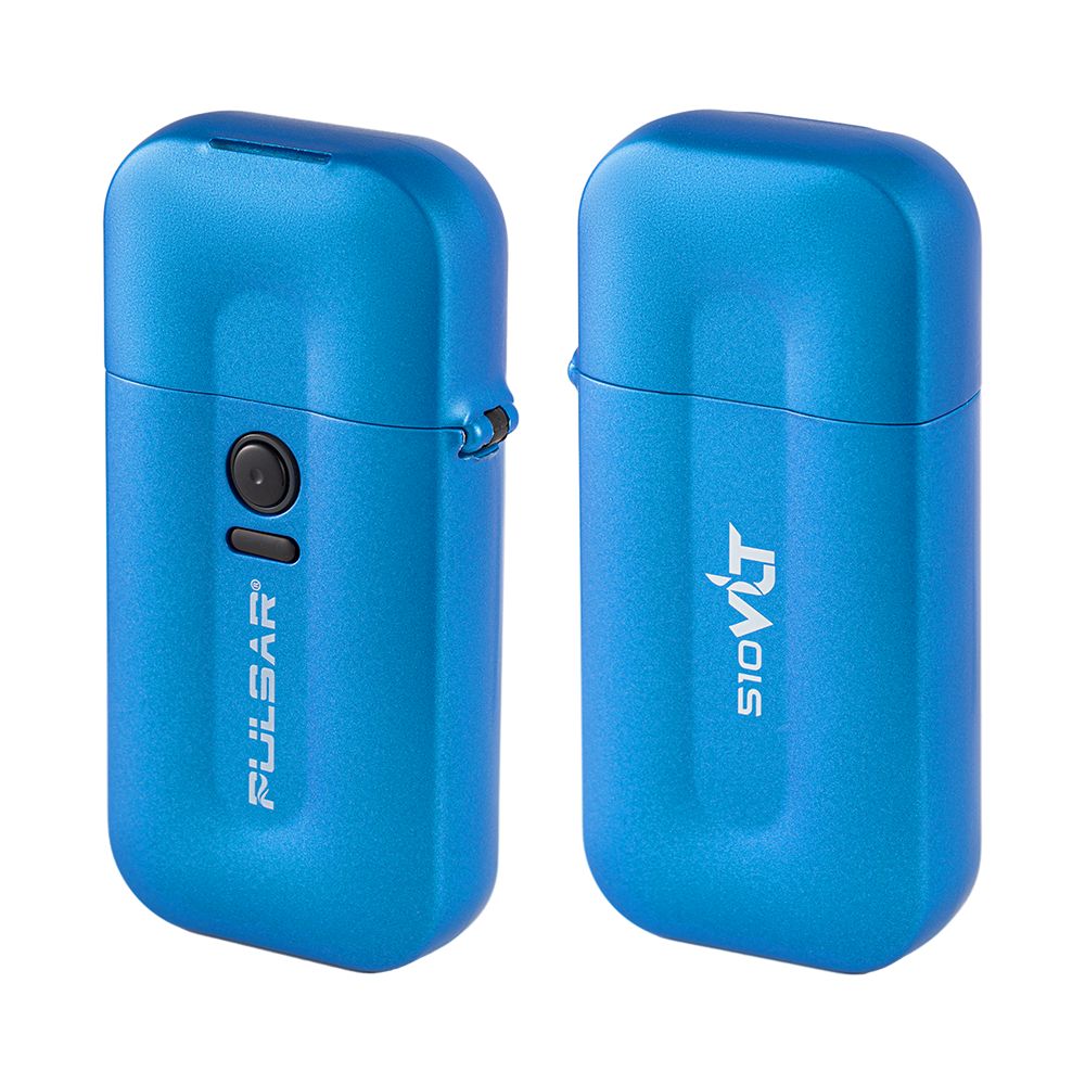 A clean studio layout showing the front and back views of the Pulsar 510 VLT in Photon Blue with the top closed. The device features a vibrant, deep metallic blue anodized finish across its sleek rectangular flip-top lighter frame, centered by a single tactical power button.