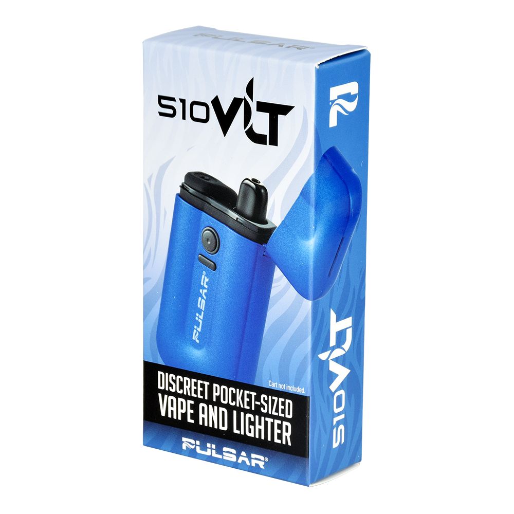 A clean, front-facing studio product shot of the official Pulsar 510 VLT retail packaging for the Photon Blue edition. The box showcases sleek product graphics highlighting the deep metallic blue device style alongside clear feature callouts for its 650mAh capacity, 510 hidden cart compatibility, and electric lighter functionality.