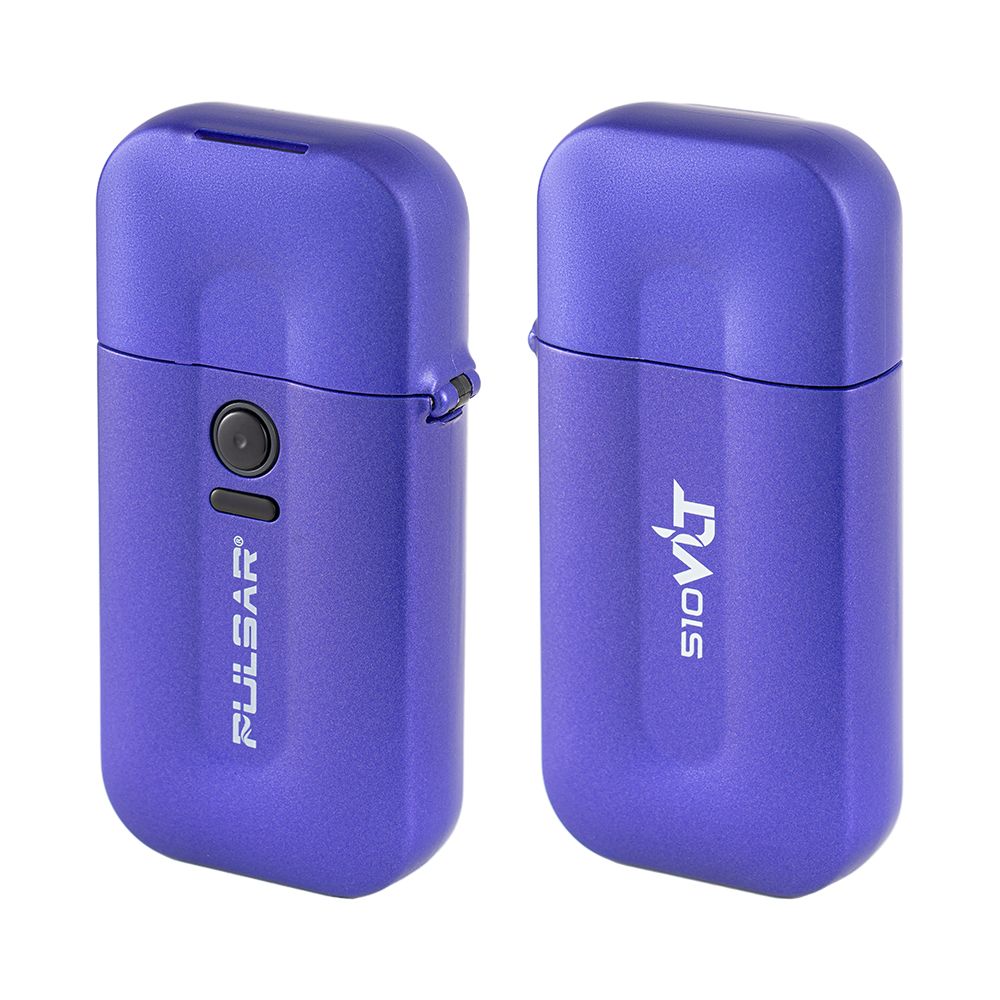 A dual-view studio layout showing the front and back profiles of the Pulsar 510 VLT in Plasma Ball Purple with the top lids firmly closed. The device features a deep, metallic violet anodized finish across its smooth rectangular flip-top chassis, centered by a single tactile black power button.