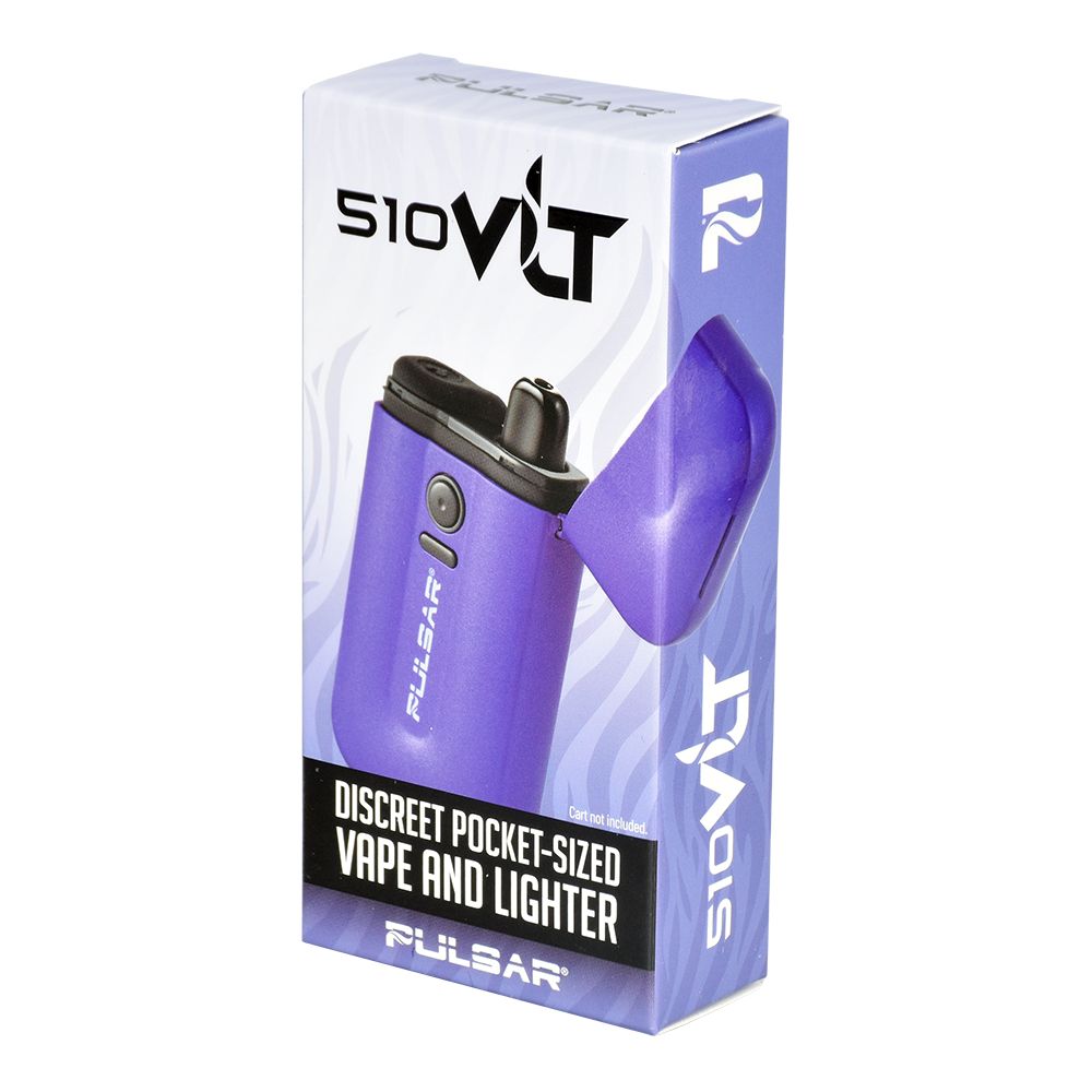A clean, front-facing studio product shot of the official Pulsar 510 VLT retail packaging for the Plasma Ball Purple edition. The packaging showcases clear graphics of the purple flip-top device along with descriptive feature badges for the 650mAh capacity, concealed 510 cartridge setup, and internal electric lighter.