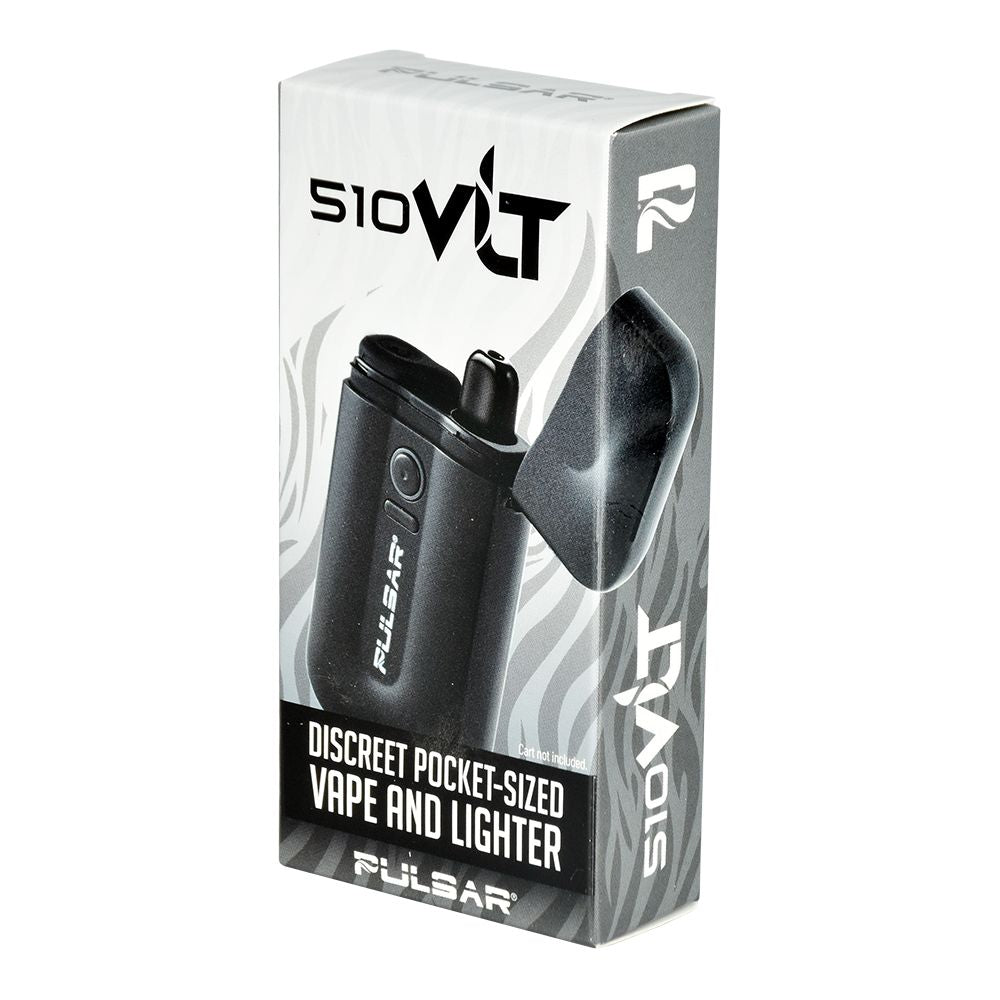 A clean, front-facing studio product shot of the official Pulsar 510 VLT retail packaging. The black box showcases crisp graphics highlighting the Thundercloud Black device style alongside explicit callouts for its 650mAh capacity, 510-thread cartridge capability, and the built-in electric lighter function.