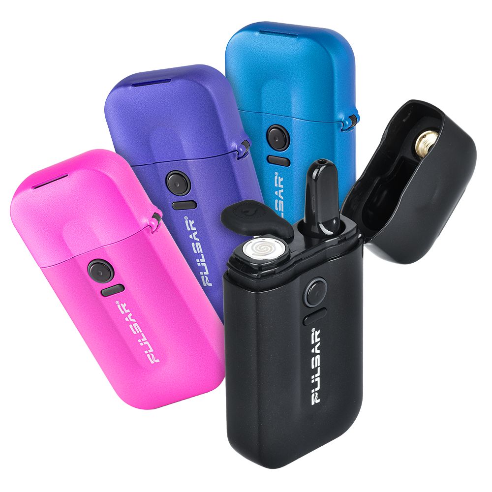 A vibrant front-facing studio shot showcasing the Pulsar 510 VLT color lineup standing side-by-side. From left to right are the premium color options: Neon Sign Pink, Plasma Ball Purple, Photon Blue, and Thundercloud Black, displaying the uniform flip-top design and rich anodized finishes across the series.
