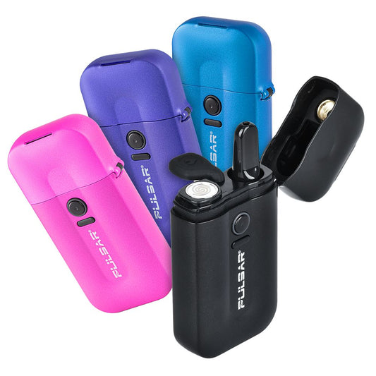 A vibrant front-facing studio shot showcasing the Pulsar 510 VLT color lineup standing side-by-side. From left to right are the premium color options: Neon Sign Pink, Plasma Ball Purple, Photon Blue, and Thundercloud Black, displaying the uniform flip-top design and rich anodized finishes across the series.