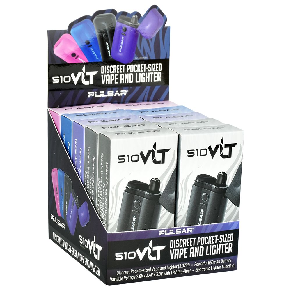 A dynamic, angled studio presentation shot of the official Pulsar 510 VLT countertop retail display box. The cardboard display holds a complete color variety of the flip-top lighter vape devices standing upright, with the backcard graphics explicitly showcasing the dual-functionality of the concealed 510 vape chamber and the electric plasma lighter element.