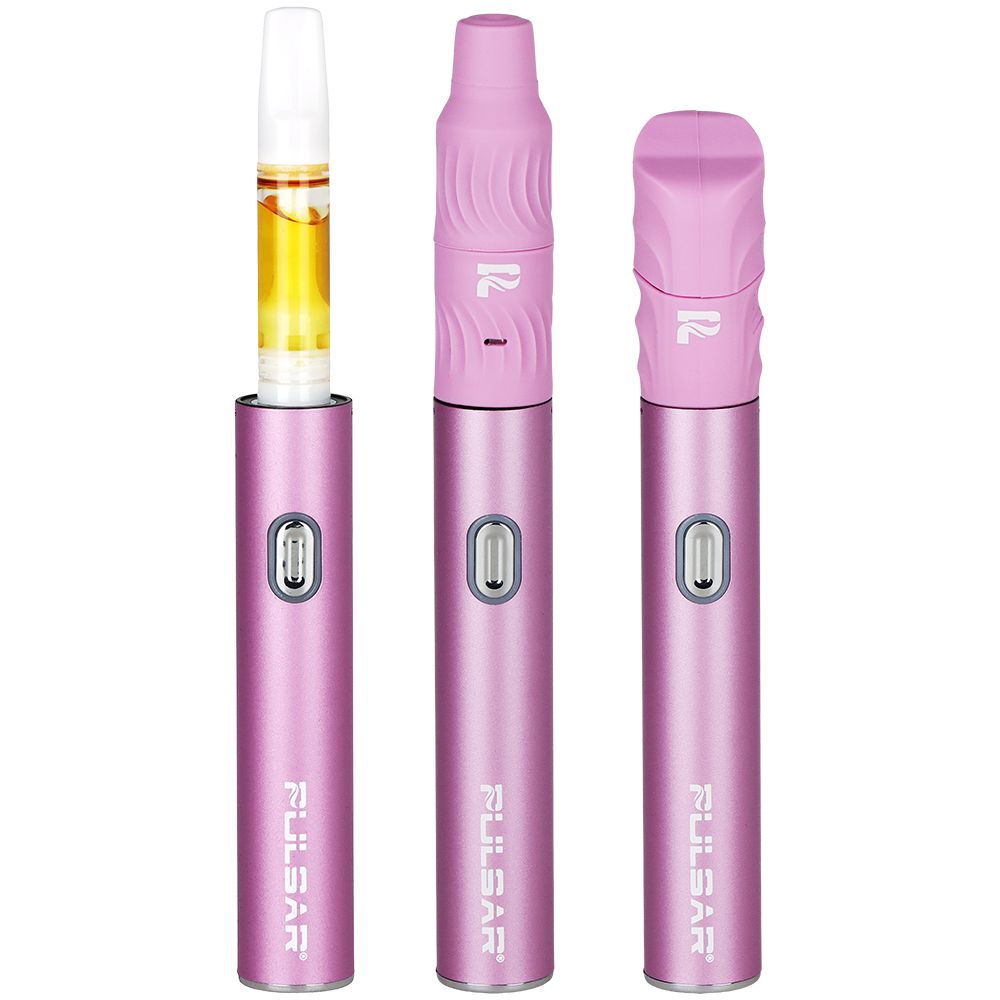 Pulsar 510 Delta Pink edition in three configurations, highlighting the 3-in-1 versatility for 510 carts and wax dabs.