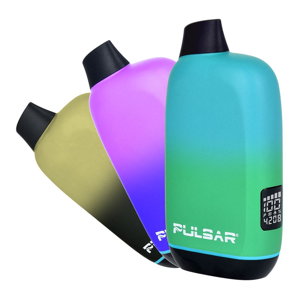 Three Pulsar APX Oil 510 Thermo Vaporizers displayed together in their cold states: Zephyr Strike (Blue/Purple), Royal Wizard (Deep Blue/Purple), and Clairvoyance (Teal/Blue), showcasing the compact, palm-sized design.