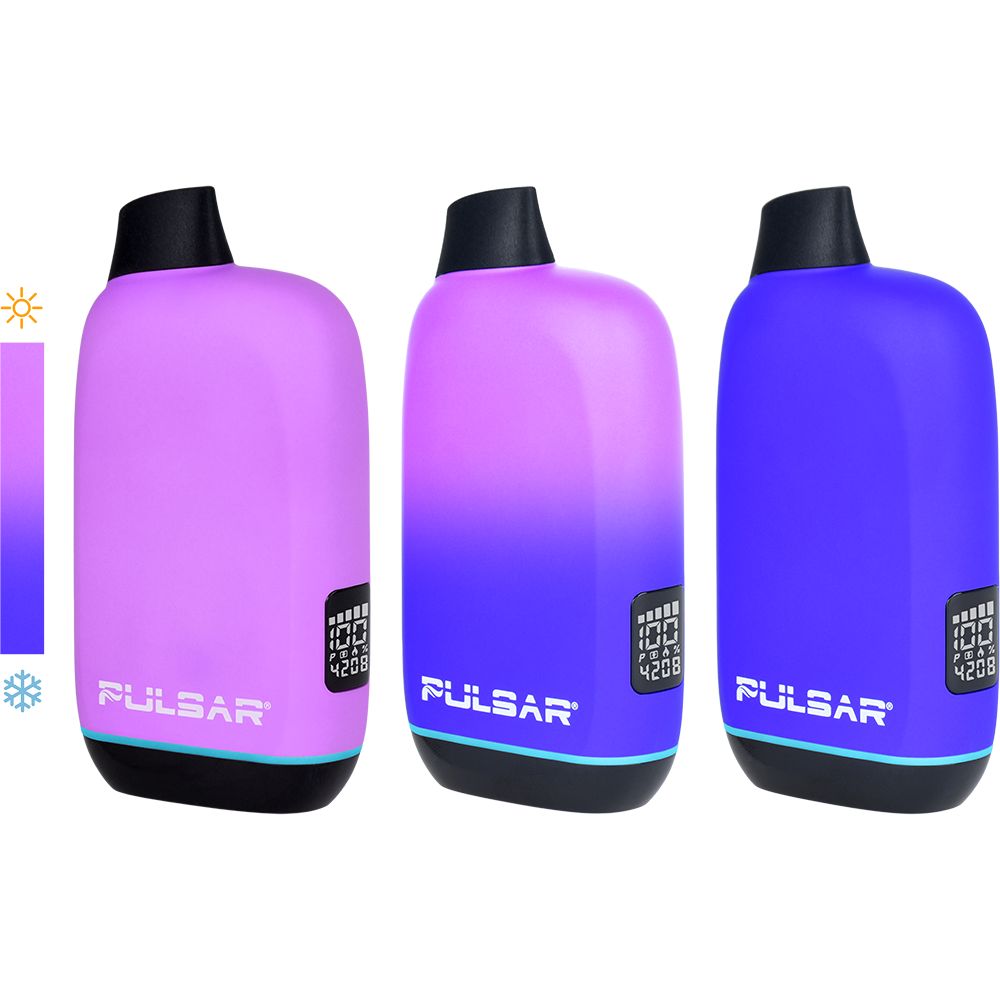 Pulsar APX Oil 510 in Royal Wizard, illustrating the dramatic color shift from a cold dark purple to a striking neon pink as the device warms up during use.