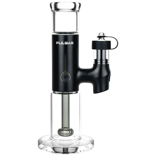 Front view of the Pulsar APX eRig in sleek black featuring a clear glass mouthtube, showerhead percolator, and a pivoting atomizer arm positioned on the right.