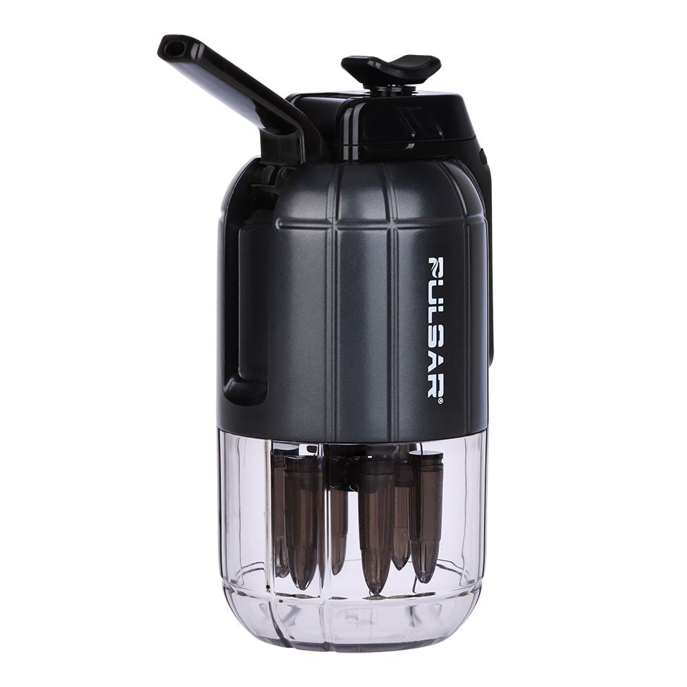 A detailed, angled side-profile studio shot showcasing the Pulsar Dabtron 2.0 eRig in Jet Black with the mouthpiece extended out. This view captures the heat-resistant white zirconia draw straw flipped upward into its active usage configuration, emphasizing the ergonomic layout of the handheld concentrate device.