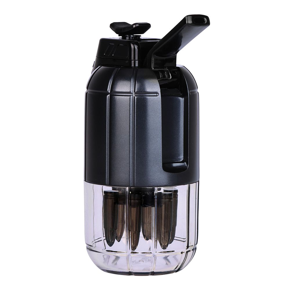A crisp, angled side-profile studio product shot of the Pulsar Dabtron 2.0 eRig in Jet Black. The perspective highlights the distinct tactical grenade-inspired texturing of the upper control frame, the clean fitment of the closed flip-up mouthpiece, and the stable profile of the transparent perspex water filtration base below.