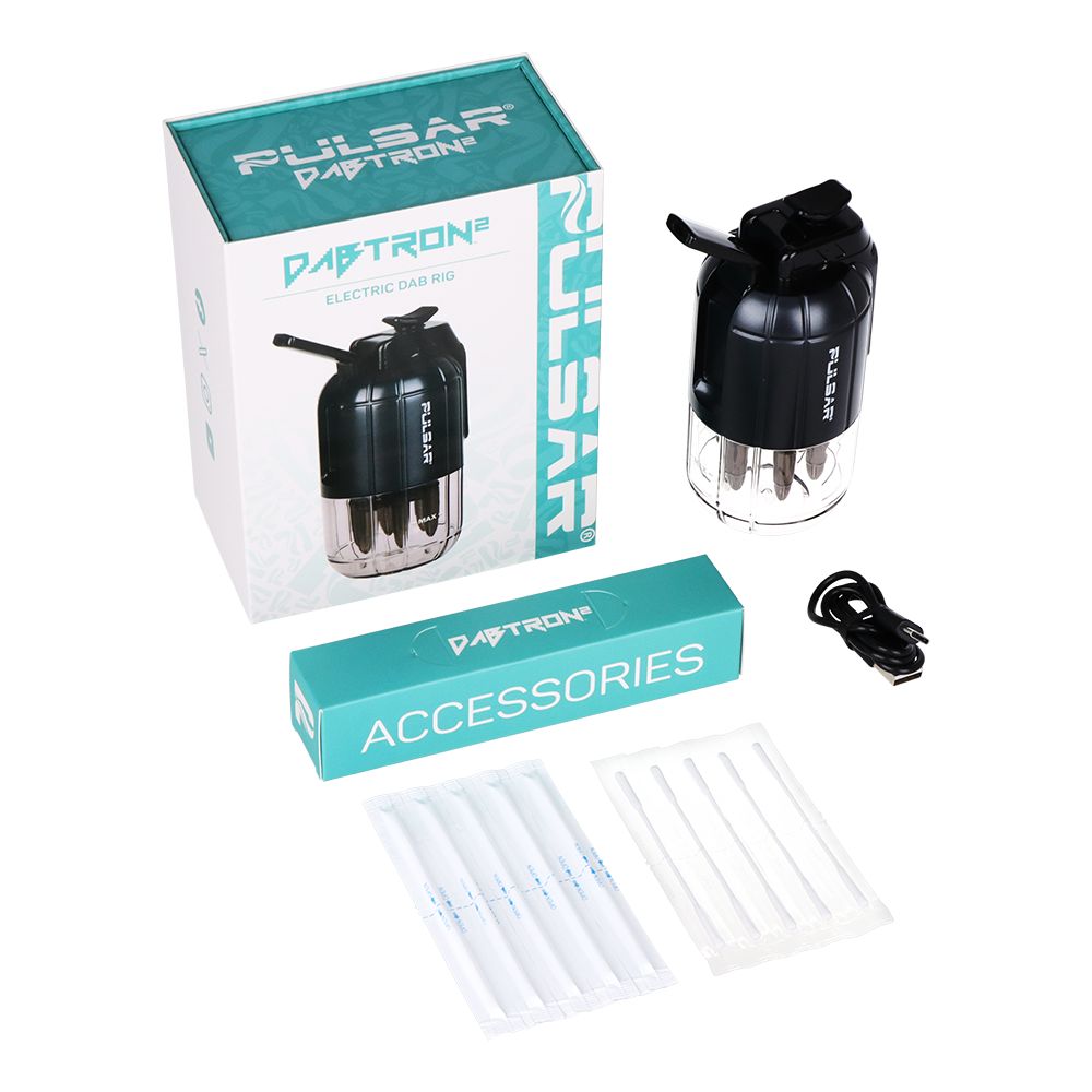 A comprehensive studio product shot displaying the Pulsar Dabtron 2.0 eRig in Jet Black unboxed with all its included retail accessories. The fully assembled matte black grenade-shaped device stands next to its colorful graphic retail box, accompanied by the uninstalled 6-bullet tree percolator stem, a high-efficiency ceramic atomizer coil, and a high-speed USB-C charging cable neatly arranged on a clean background.
