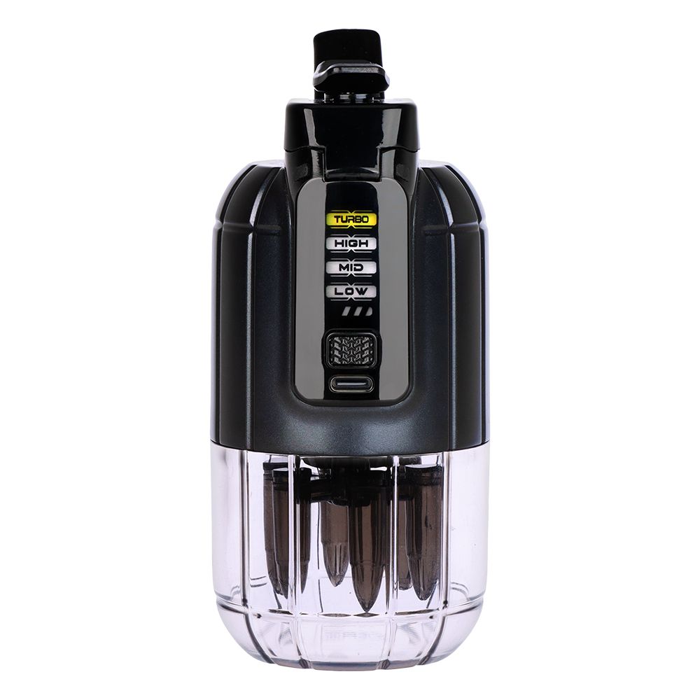 A clean, straight-on rear studio product shot of the Pulsar Dabtron 2.0 eRig in Jet Black. This view centers on the back spine of the grenade-shaped device, highlighting the interface layout of the integrated LED digital screen and the positioning of the USB-C charging port right above the transparent perspex water chamber base.