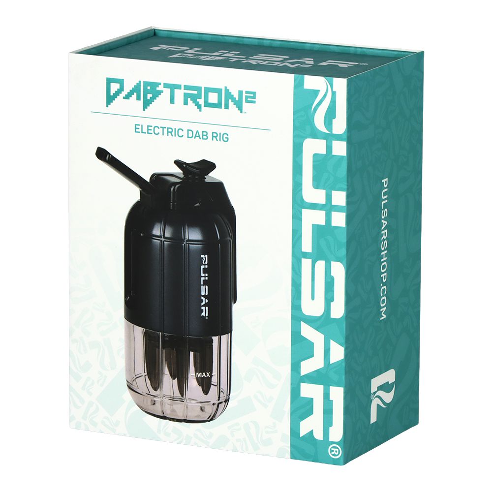 A crisp studio product shot focusing on the official graphic retail packaging box for the Pulsar Dabtron 2.0 eRig. The box features high-quality branding, vibrant product illustrations detailing the device's key highlights, and bold typography displaying the Pulsar logo on a clean, solid background.