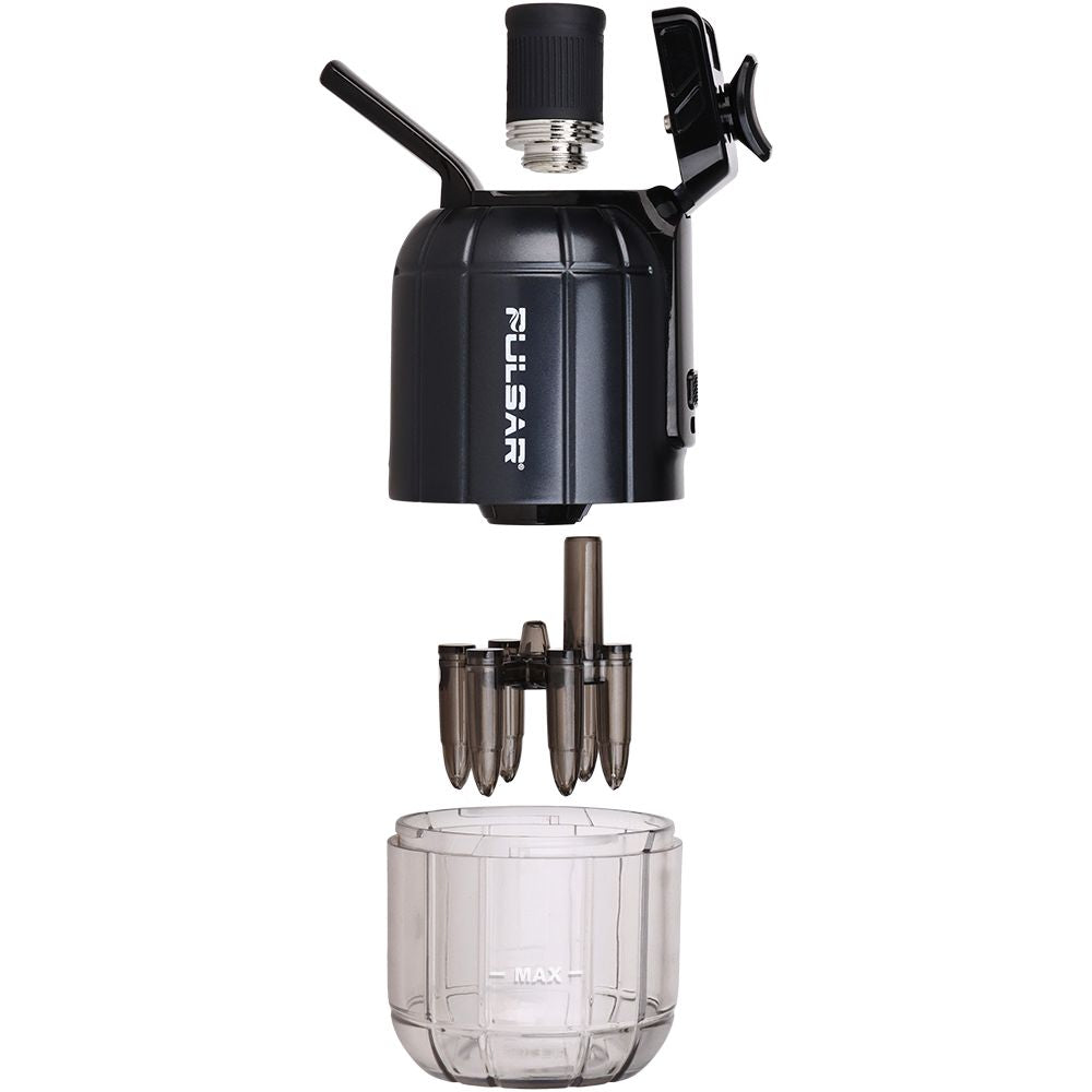 A detailed side-profile exploded studio product shot displaying the Pulsar Dabtron 2.0 eRig in Jet Black disassembled into its core individual components. The layout showcases the main grenade-shaped power core frame separated from its removable internal downstem percolator stem, the lower transparent perspex base chamber, and the top ceramic atomizer heating element to illustrate easy cleaning maintenance.