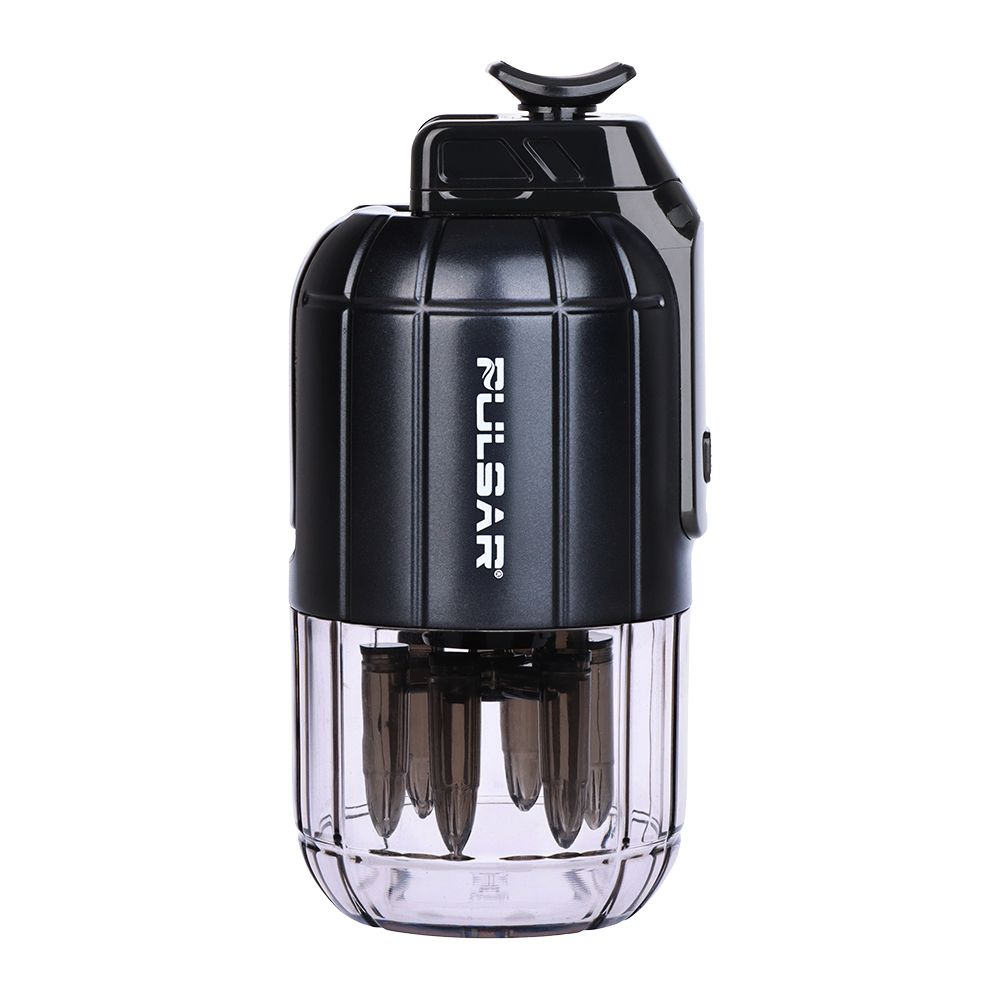 A clean, side-profile studio product shot of the Pulsar Dabtron 2.0 eRig in Jet Black with the mouthpiece closed. The image highlights the stealthy black grenade-shaped power chassis, prominently displaying the white Pulsar logo printed on the upper frame above the transparent, impact-resistant perspex (acrylic) water filtration base chamber.