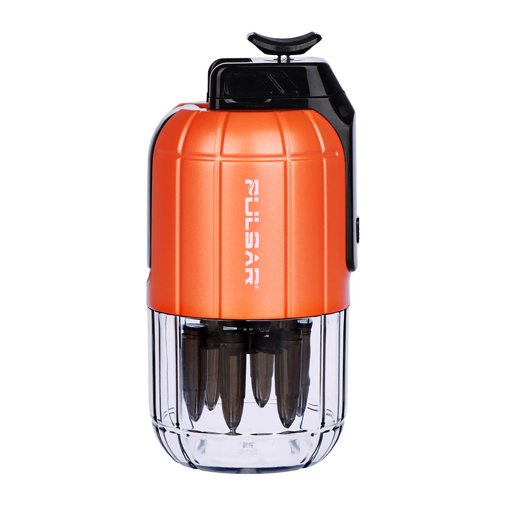 A crisp, side-profile studio product shot of the Pulsar Dabtron 2.0 eRig in the striking Orange colorway. The image captures the vibrant, electric orange finish on the grenade-shaped power chassis, featuring the clean white Pulsar logo standing out right above the clear, impact-resistant perspex base chamber.