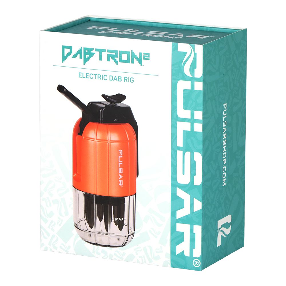 A detailed studio product shot highlighting the official graphic retail box for the Pulsar Dabtron 2.0 eRig in the Orange edition. The packaging stands upright on a plain background, showcasing high-quality product artwork and technical highlights tailored to the vibrant electric orange colorway.
