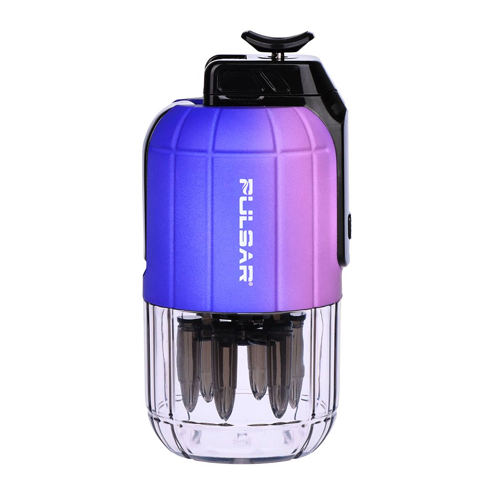 A detailed, side-profile studio product shot of the Pulsar Dabtron 2.0 eRig in the Thermo Royal Wizard finish. The image displays the unique grenade-shaped device in its resting, unheated state, showcasing a deep purple-and-blue metallic hue on the upper power core framework above the transparent perspex base chamber.