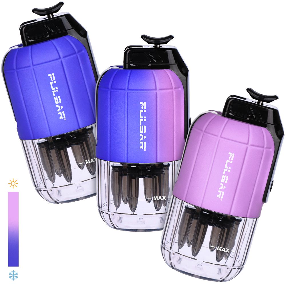 A striking dual-panel studio product shot demonstrating the Pulsar Dabtron 2.0 in the Thermo Royal Wizard colorway. The visual highlights the heat-activated color-changing transition of the eRig's chassis, shifting dynamically from a cold deep purple-blue hue to a vibrant, warm neon pink shade when handled.