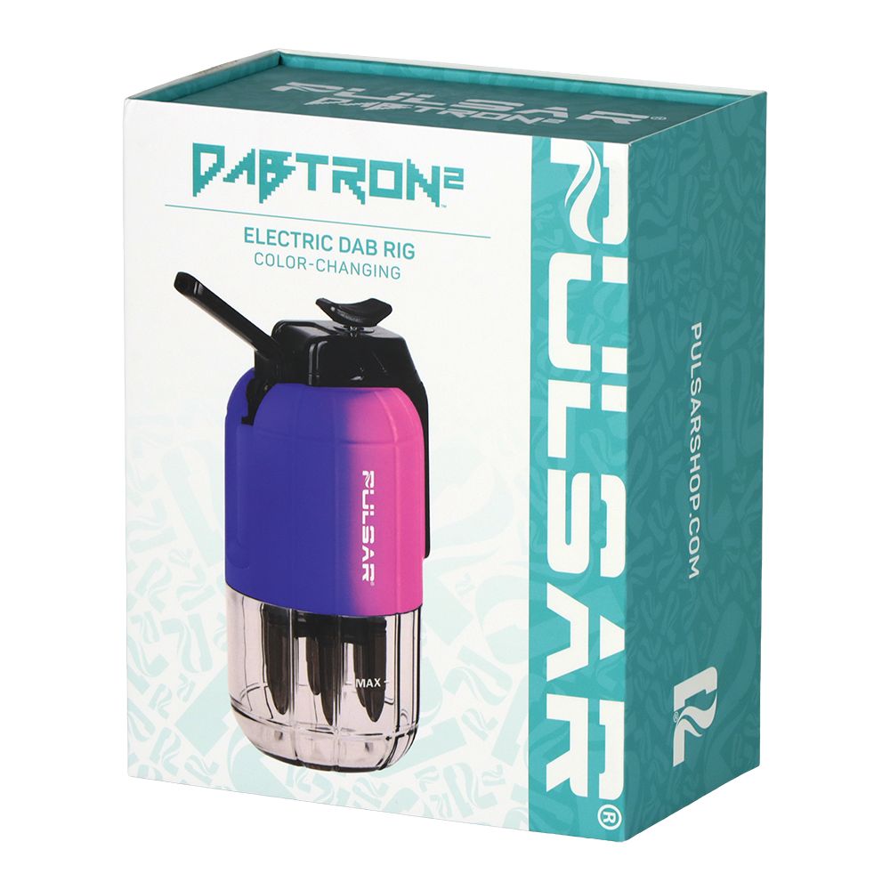 A crisp studio product shot focusing on the official graphic packaging for the Pulsar Dabtron 2.0 eRig in the Thermo Royal Wizard colorway. The box displays distinct variant-specific branding and custom illustrations showcasing the heat-activated, color-changing design on a clean, solid background.