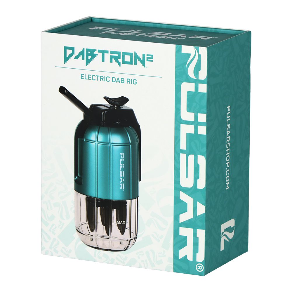 A crisp studio product shot highlighting the official graphic retail packaging box for the Pulsar Dabtron 2.0 eRig in the Ultramarine Green edition. The box stands upright on a plain background, displaying tailored product illustrations and technical specifications specific to the deep forest-green color variant.