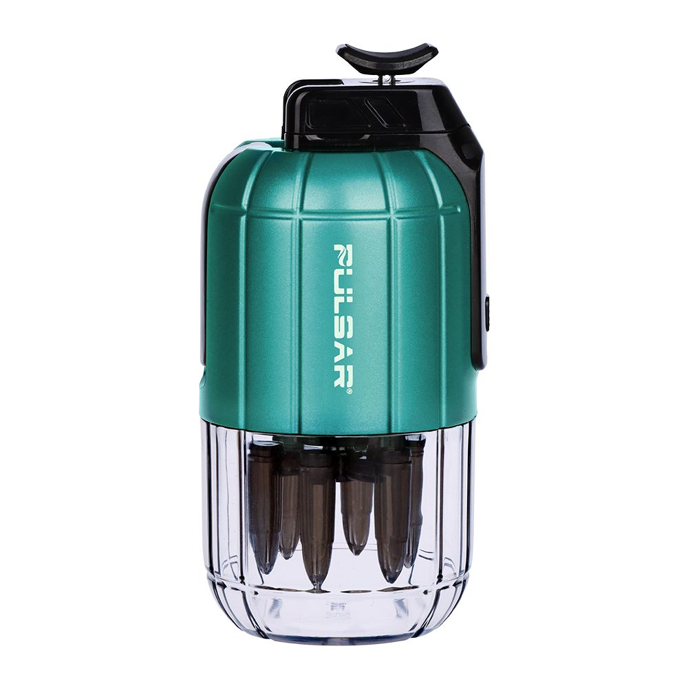 A detailed, side-profile studio product shot displaying the Pulsar Dabtron 2.0 eRig in the rich Ultramarine Green colorway. This shot highlights the deep, forest-green matte tone of the upper structural framework paired with the clear lower water filtration setup on a plain background.