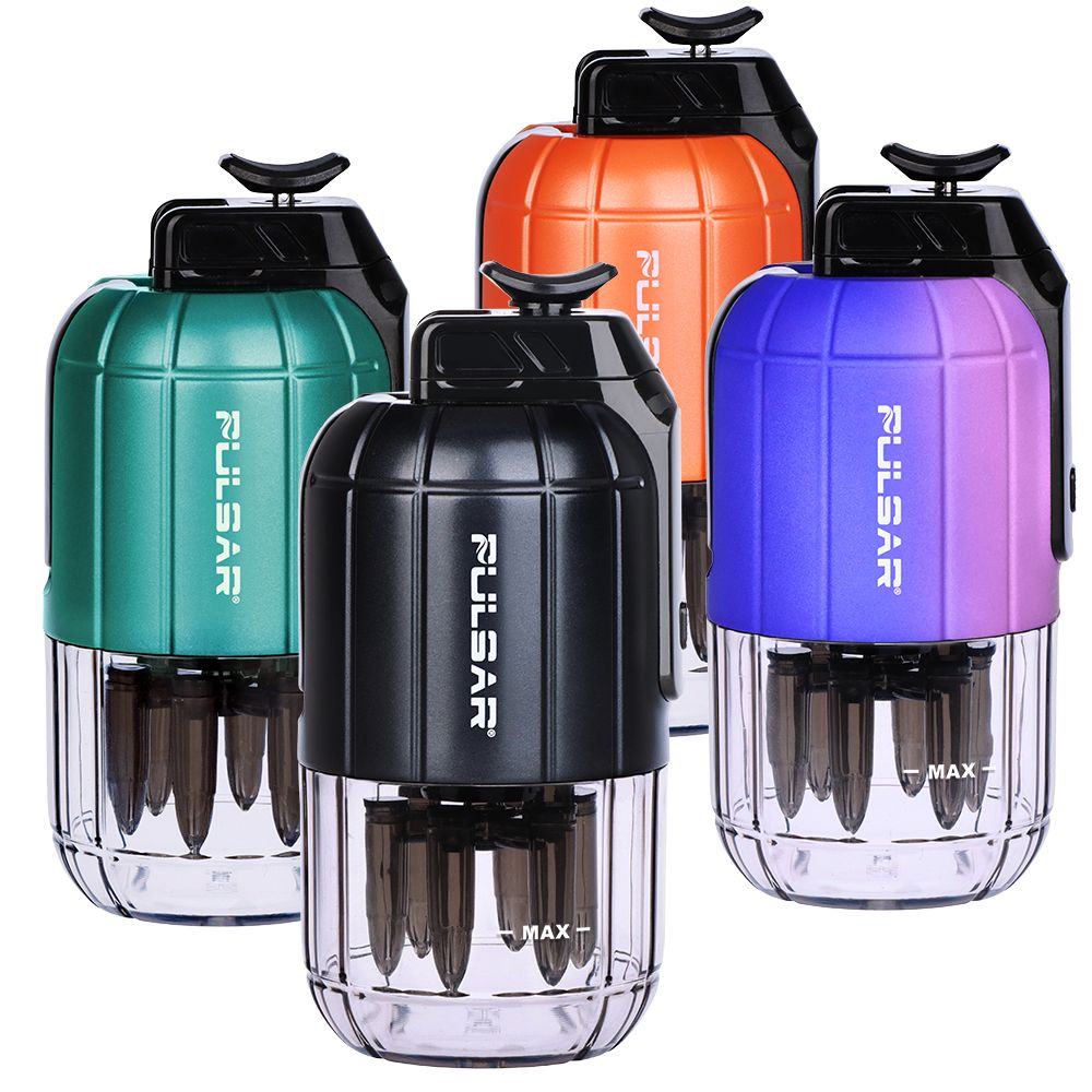 A clean front-facing studio product shot displaying the Pulsar Dabtron 2.0 eRig color lineup. The array showcases four distinct grenade-shaped configurations side-by-side on a plain background, highlighting the available finishes: Jet Black, Ultramarine Green, Orange, and the temperature-reactive Thermo Royal Wizard edition.