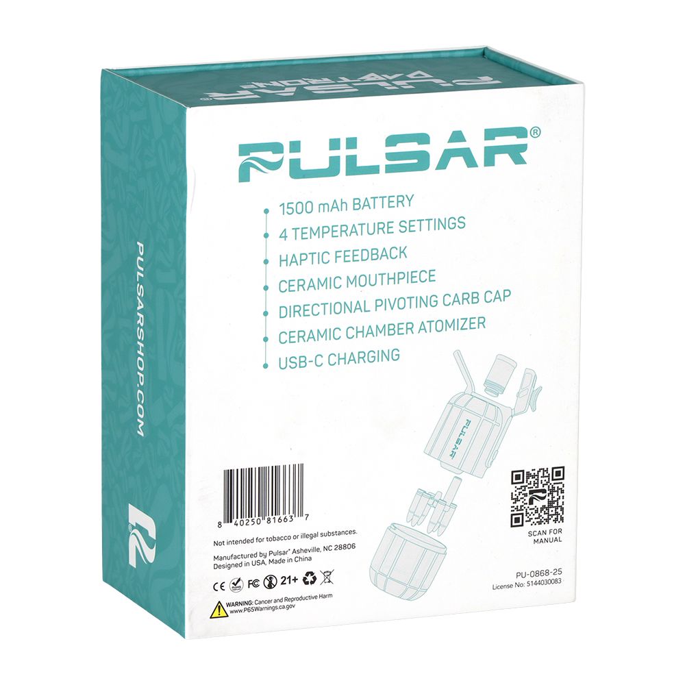 A detailed, rear-facing studio shot showcasing the back panel of the Pulsar Dabtron 2.0 eRig retail box. This view captures the complete printed summary of contents, device specifications, safety warnings, and high-quality graphics detailing the key component highlights for consumers.