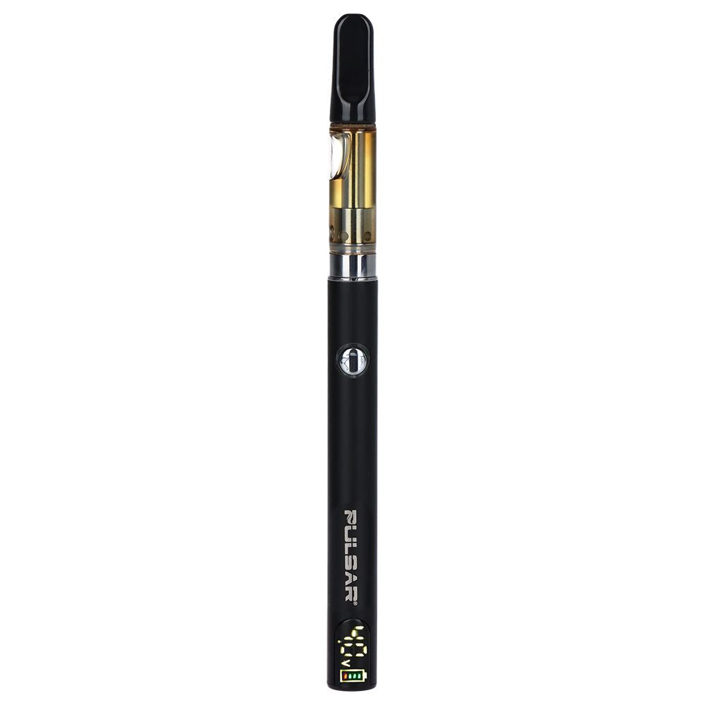 Pulsar Digital Display Slim 510 battery in Black, highlighting the sleek matte finish, the tactile power button, and the integrated LED screen showing voltage and battery life.