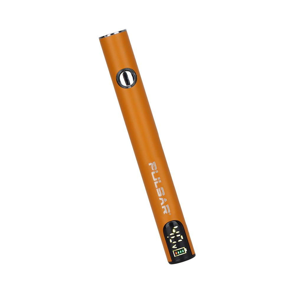 Pulsar Digital Display Slim 510 Battery in Orange, shown at a front-facing dynamic angle with an oil cartridge installed to highlight the compact form factor.