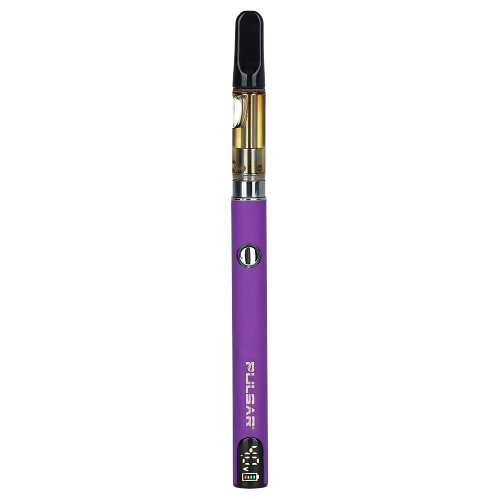Pulsar Digital Display Slim 510 Battery in Purple, featuring the modern OLED display screen and a 510 cartridge for a complete vaping setup.