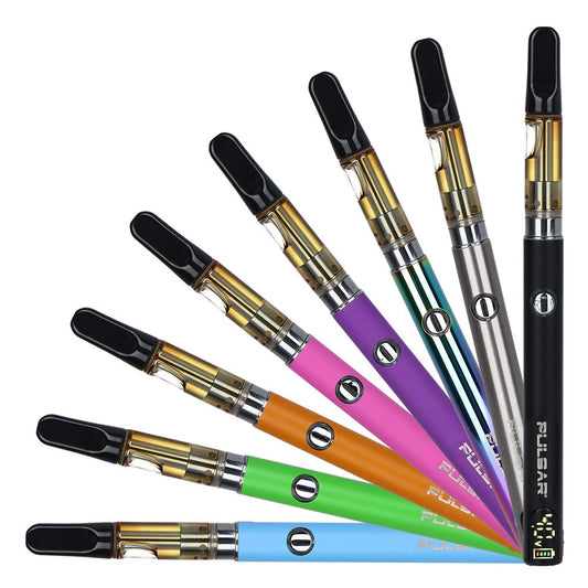 Pulsar Digital Display Slim 510 Battery collection showing all 8 vibrant color options, each featuring an installed oil cartridge and a glowing digital display screen.