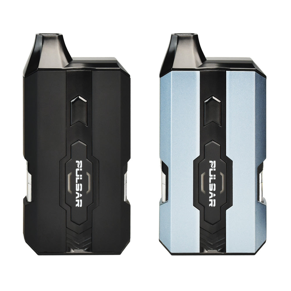 Pulsar DuploCart H2O dual cartridge vaporizer shown side-by-side in H2O Black and H2O Steel Blue, showcasing the two color options and robust, palm-fitting designs.
