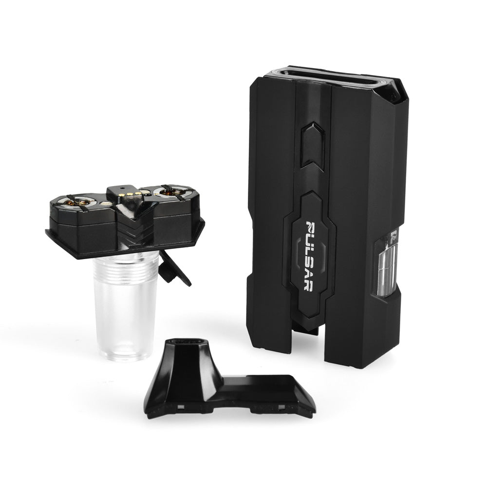 Pulsar DuploCart H2O in H2O Black disassembled, showing the main body, the removable mouthpiece, and the specialized dual cartridge water pipe adapter base.