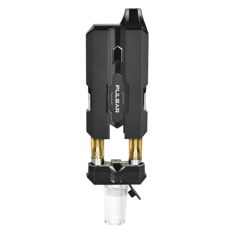 Pulsar DuploCart H2O in H2O Black, partially open to reveal two installed 510-thread cartridges and showing the attached 14mm/19mm water pipe adapter.
