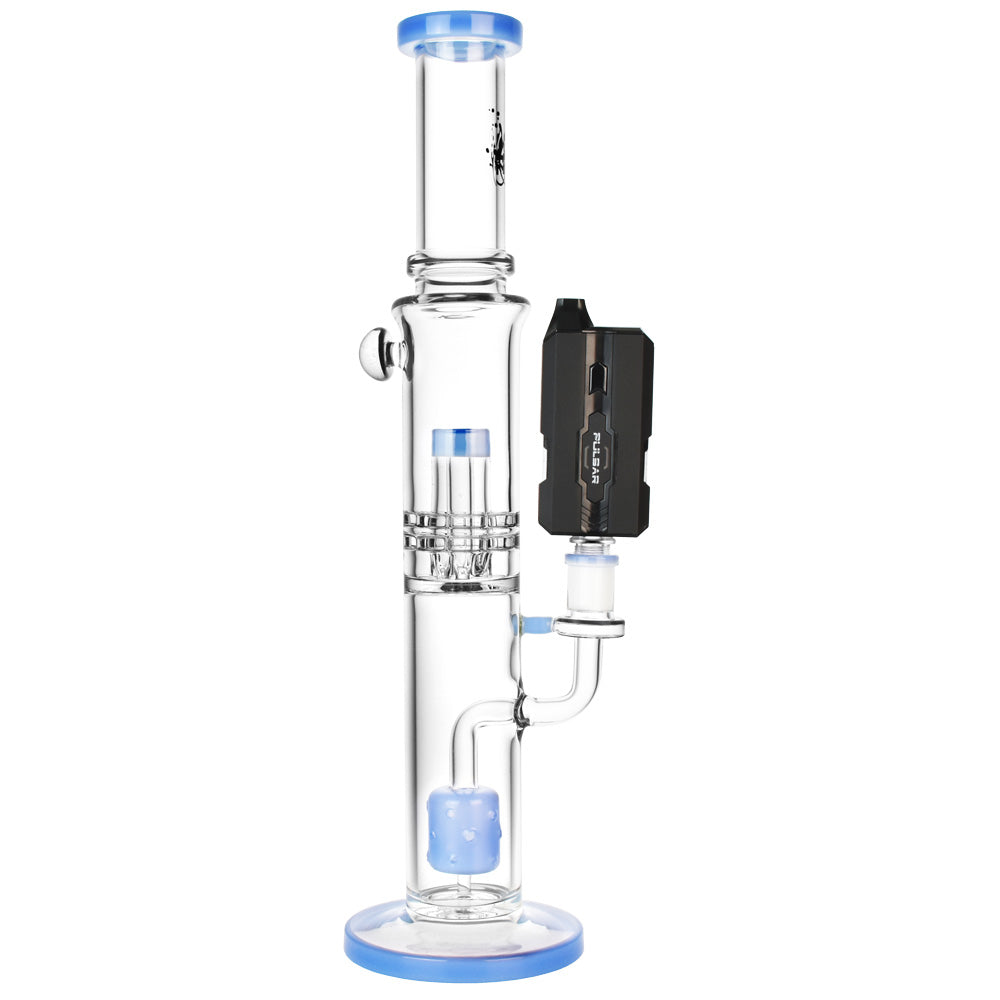 The Pulsar DuploCart H2O in H2O Black fully installed on a glass bong, demonstrating its functionality as a dual-cartridge e-rig.