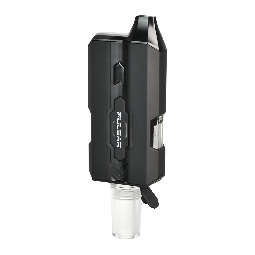 Front-facing angle shot of the Pulsar DuploCart H2O in H2O Black with the glass water pipe adapter (WPA) installed, demonstrating its readiness for glass rig connectivity.