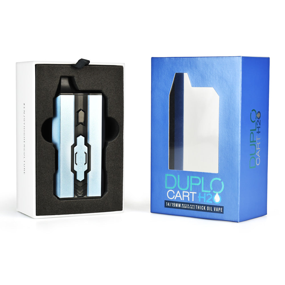 The Pulsar DuploCart H2O in H2O Steel Blue shown sitting in its protective foam insert next to the official retail box.