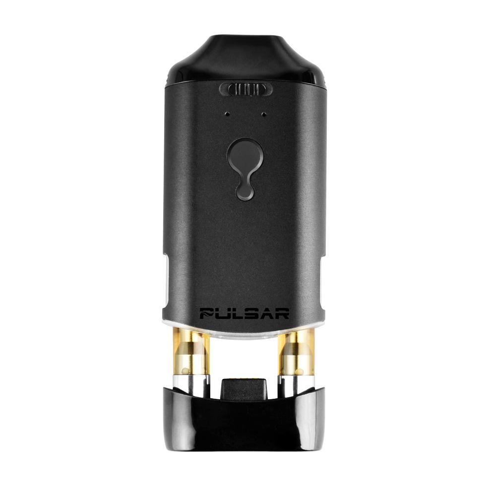 Pulsar DuploCart in Black, partially open to show two installed 510-thread vape cartridges housed within the protected magnetic chamber.