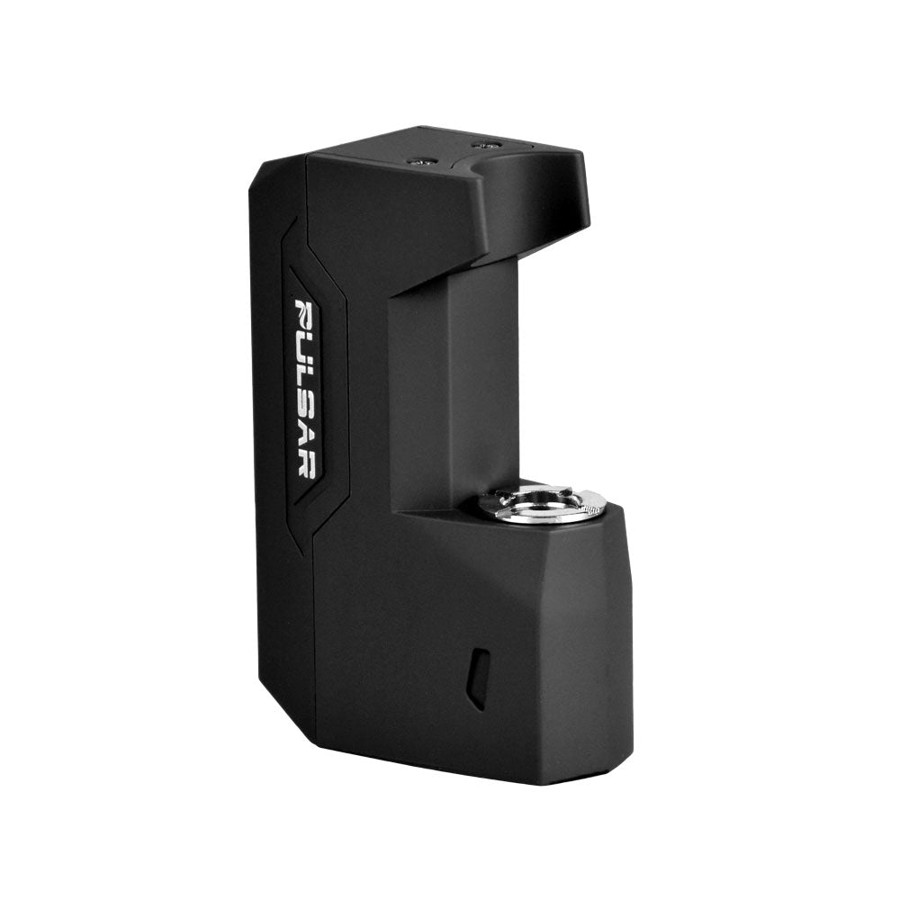 A clean, front-facing studio shot of the Pulsar GiGi H2O vape battery in Matte Black configured for on-the-go pocket use. The ultra-compact device is shown without the bottom water pipe adapter or top cartridge installed, emphasizing its tiny 2.15-inch profile, the smooth matte black finish, the single square activation button, and the side-mounted USB-C charging port.