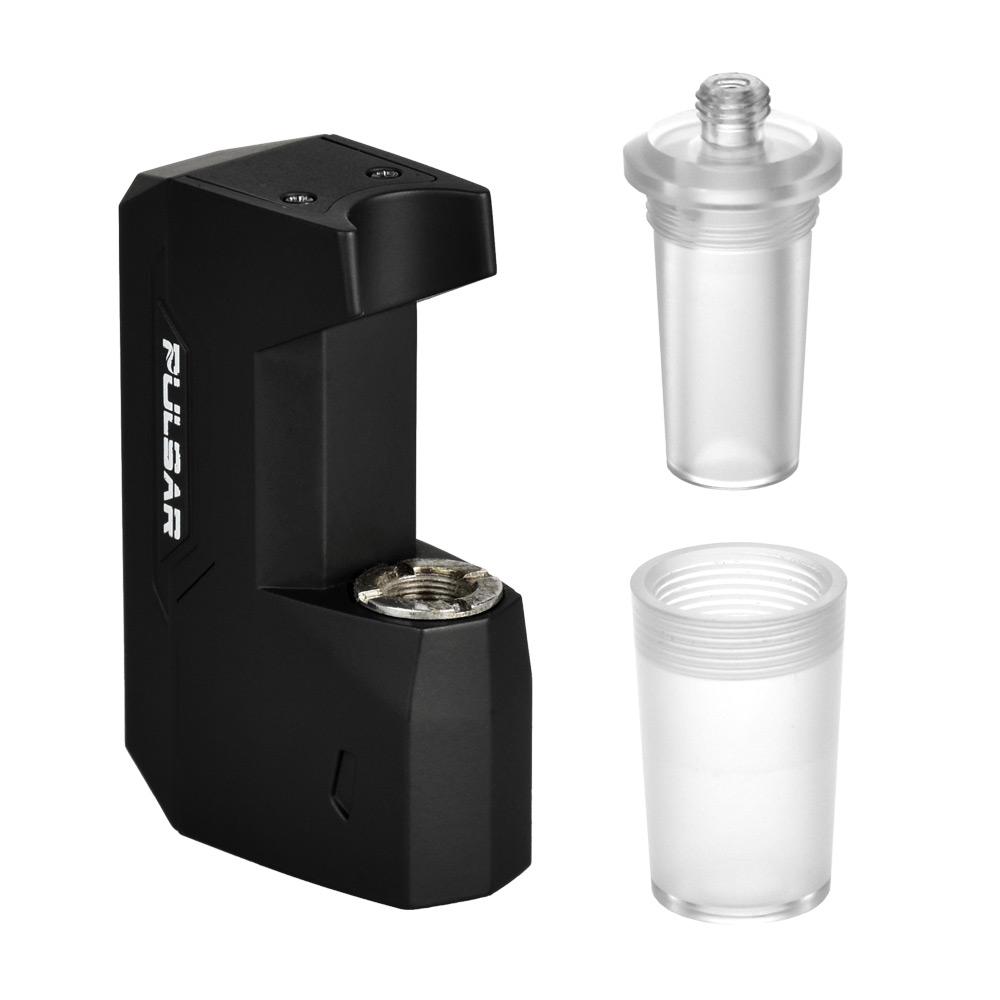 A crisp studio product shot showing the Pulsar GiGi H2O vape battery in Matte Black side-by-side with its water pipe hardware. The empty 510 battery stands vertically on the left, while the unattached, premium 2-piece universal 14/19mm male water pipe adapter sits cleanly to its right, highlighting the individual components included in the kit.
