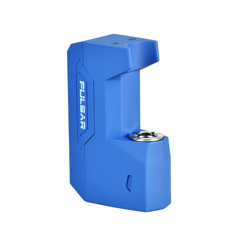 A clean, front-facing studio product shot of the Pulsar GiGi H2O 510 vape battery in Metallic Blue. The empty device is configured for stand-alone pocket use without the bottom water pipe adapter or oil cartridge installed, showing off its striking blue finish, square central power button, and side USB-C charging port.