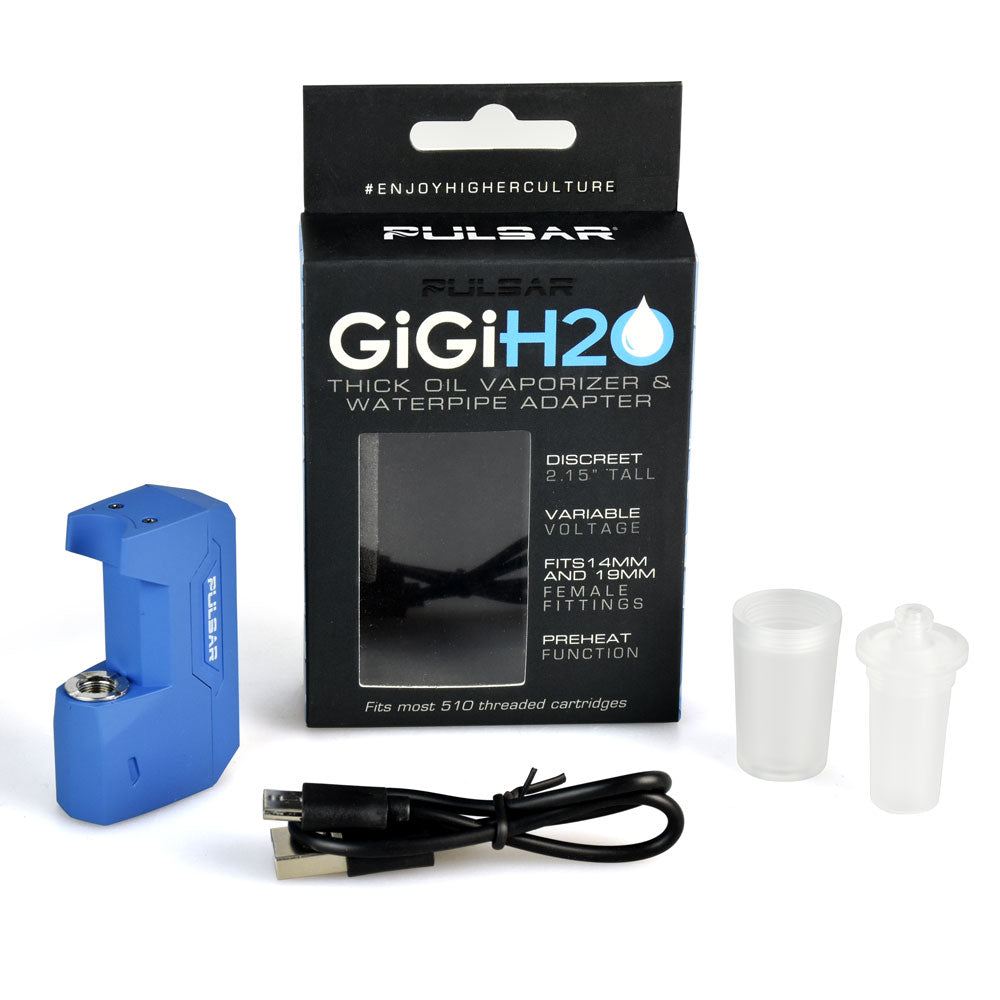 A comprehensive studio product shot displaying the Pulsar GiGi H2O vape battery kit in Metallic Blue completely unboxed. The blue pocket battery stands vertically next to its official retail display box, with the included 2-piece universal 14/19mm male water pipe adapter and the USB-C fast-charging cable neatly laid out in the foreground.